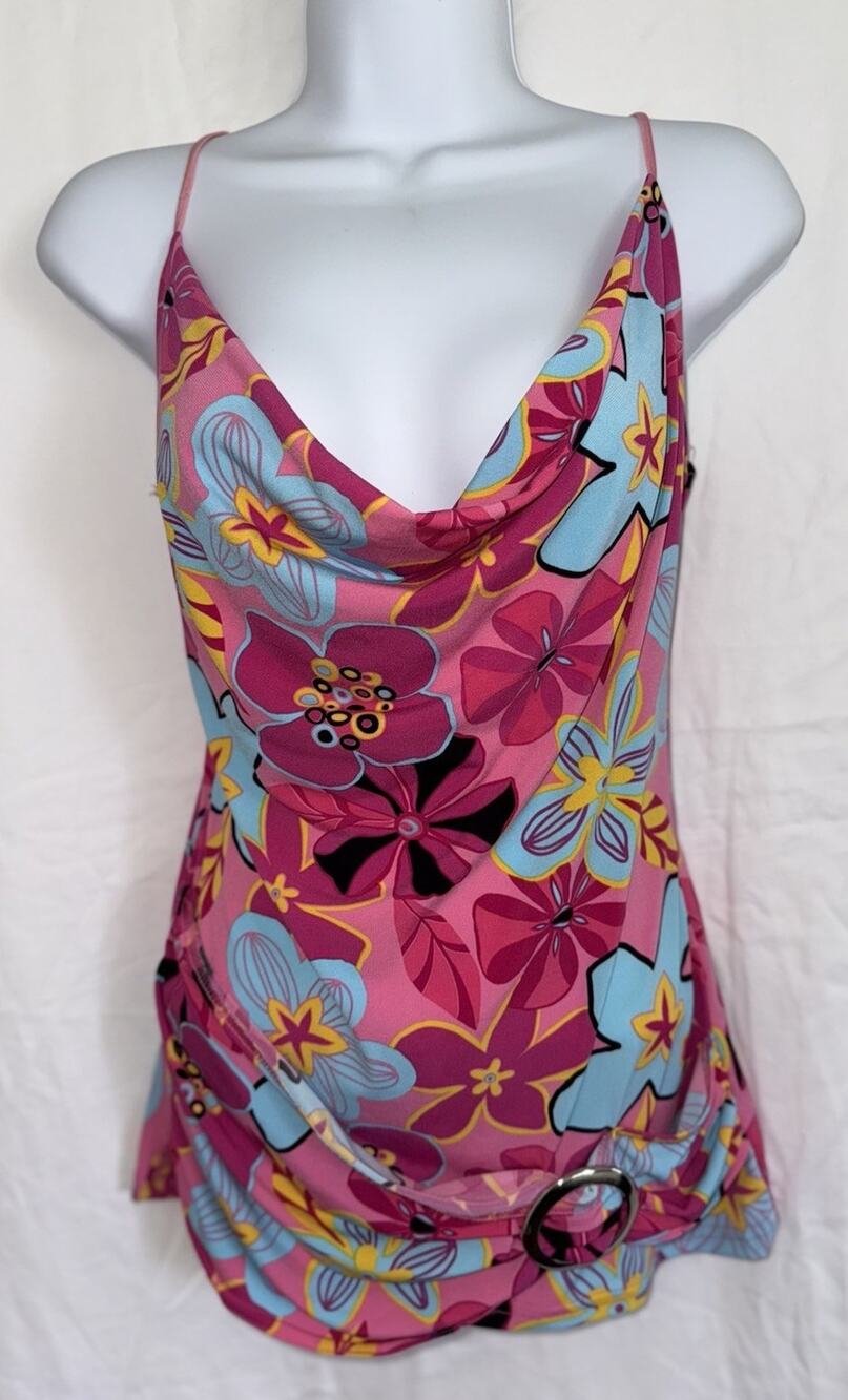 Nana Baila Paris Cowl Neck Swim Top Tankini Buckle Sz XS Tropical Sexy Floral